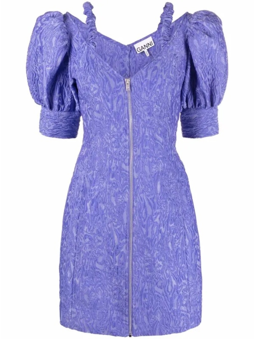 Ganni Purple Brocade Puff Sleeve Dress